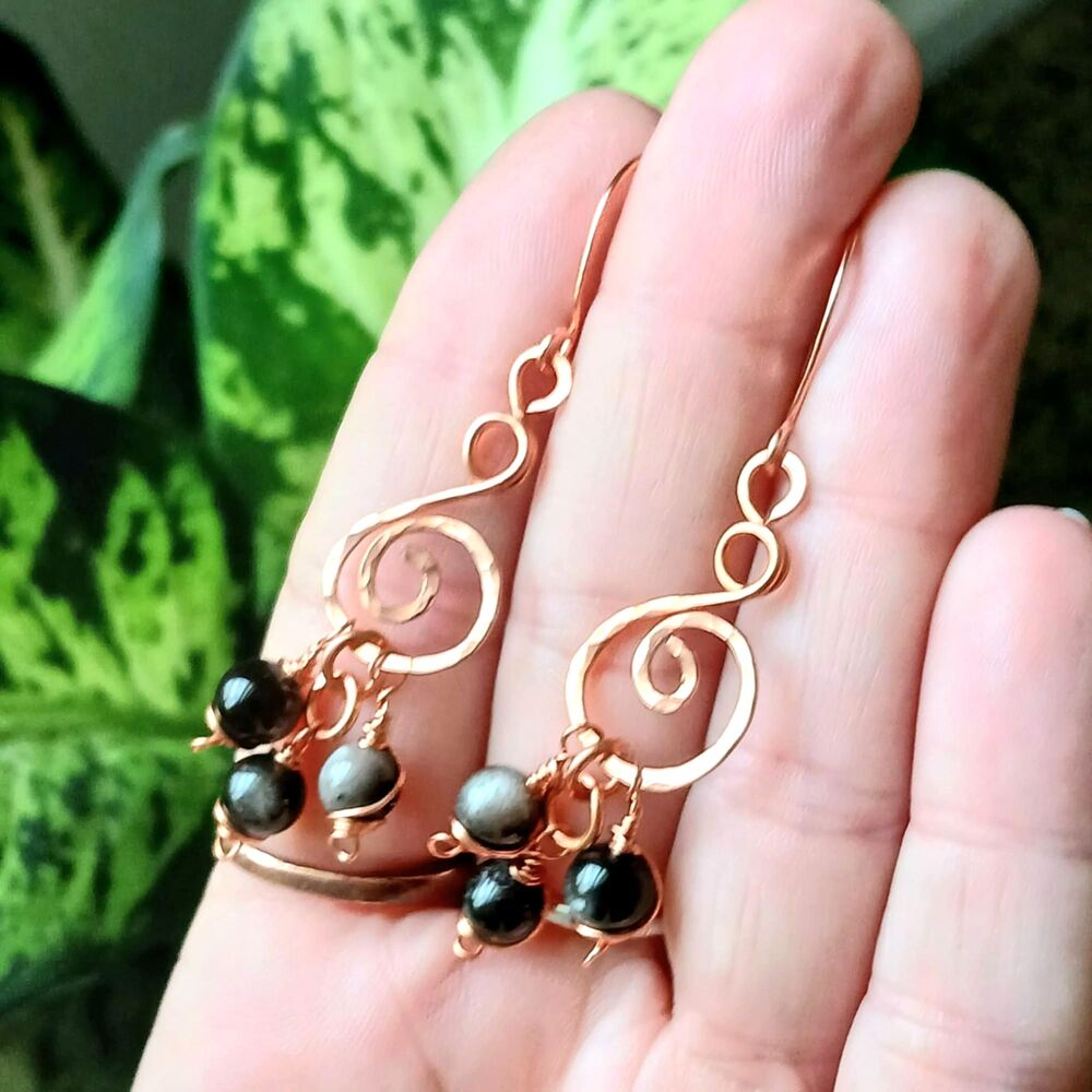 Boho Chic Obsidian Crystal Dangle Earrings, Hammered Copper Gemstone Jewelry - Picture 4 of 4